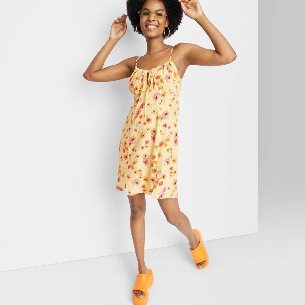 ✨Wild Fable Womens Floral Ruched Linen Blend Slip Sz XL Dress in Yellow✨